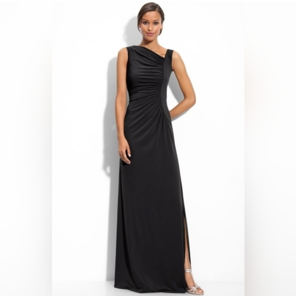 Calvin Klein Women’s Black Asymmetrical Ruched Long Gown Dress